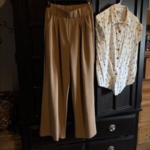 Women's Wide-Leg Jumpsuit Pants in Camel with matching mushroom top